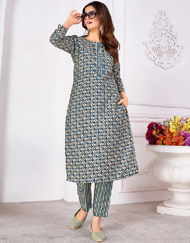 Contemporary Blue Rayon Beautiful Looking Readymade Top With Bottom Set Straight Design Pant Casual Plaid Pants