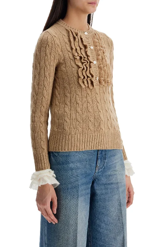 Valentino Garavani Beige And Ivory Cable Knit Crew Neck Sweater Welt Pockets Slit Pockets Flap Pockets