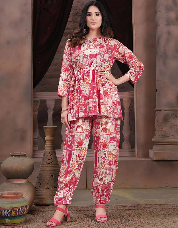 Trendy Party Wear Readymade Co-Ords Collection Faded Red Premium Rayon Pant Suit Modern Stretch Trousers