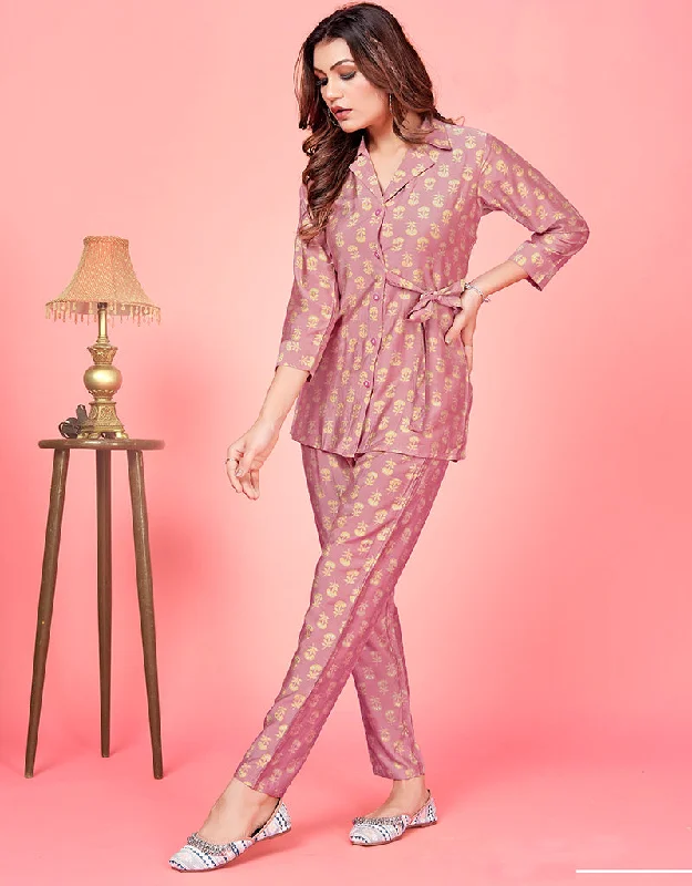 Trendy Party Wear Readymade Co-Ords Collection Pink Premium Royal Silk Pant Suit Fashionable Tapered Leg Pants