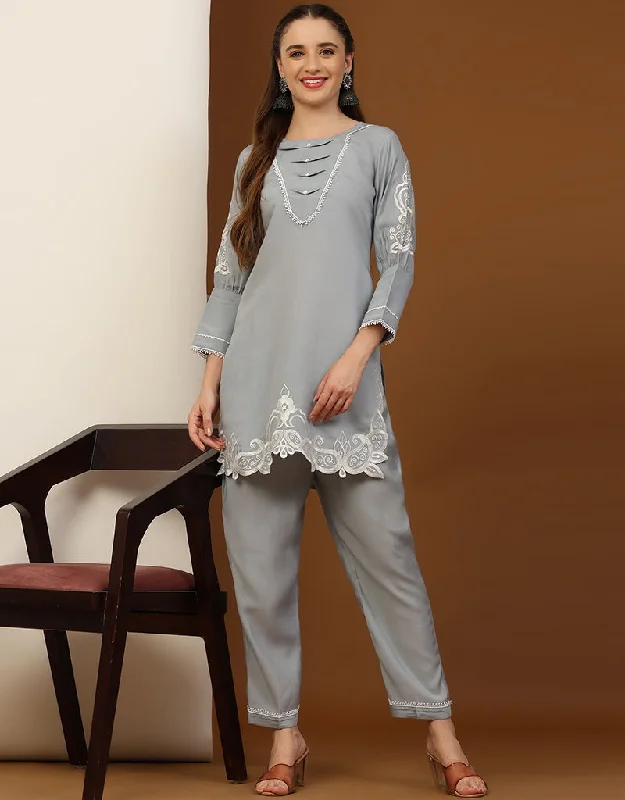 Designer Party Wear Readymade Co-Ords Sets Colletion Light Grey Silk Pant Suit Stretch Fit Pants