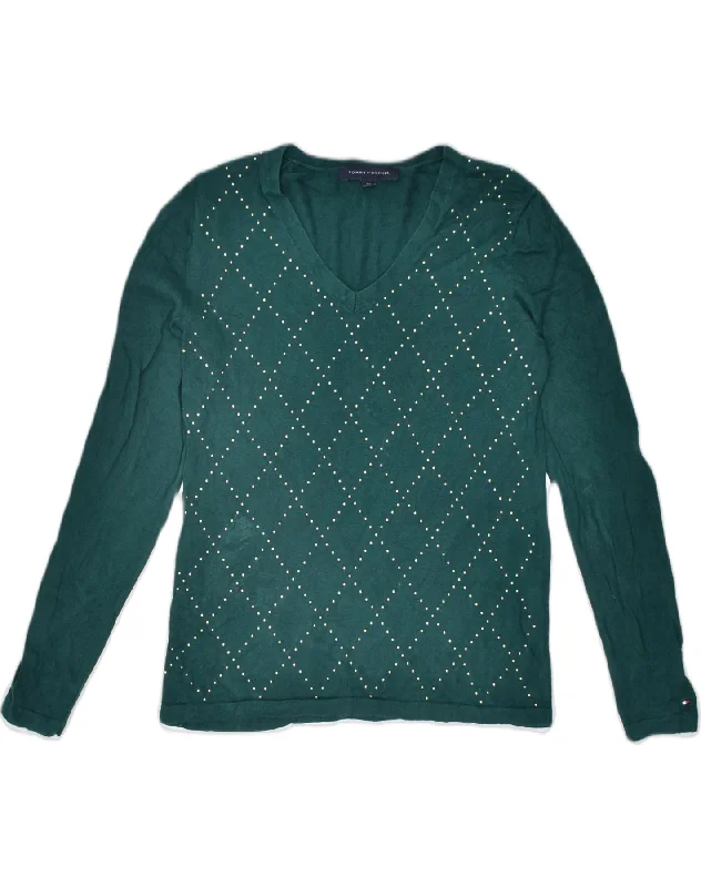 TOMMY HILFIGER Womens V-Neck Jumper Sweater UK 10 Small Green Cotton Denim Fabric Leather Fabric Suede Fabric