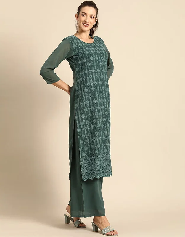 Chic Lunar Green Poly Georgette Motifs Embroidered Chikankari Kurta With Palazzo Straight Design Pant Chic Capri Pants