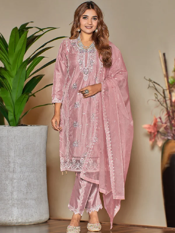 Pink Designer Semi-Stitched Pant Suit With Embroidery Work Formal Stretch Pants