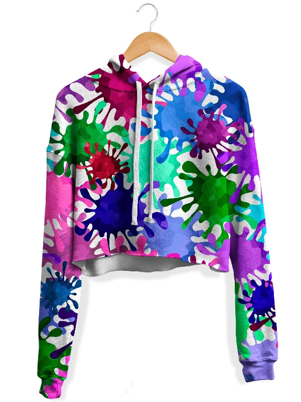 Neon Paint Splatter Fleece Crop Hoodie Hoodie with Exposed Zipper Edgy Industrial