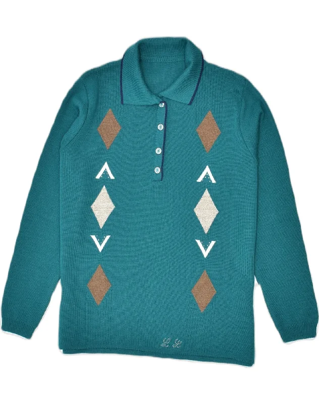 VINTAGE Womens Polo Neck Jumper Sweater UK 22 3XL Turquoise Argyle/Diamond Bright Pastel Dark