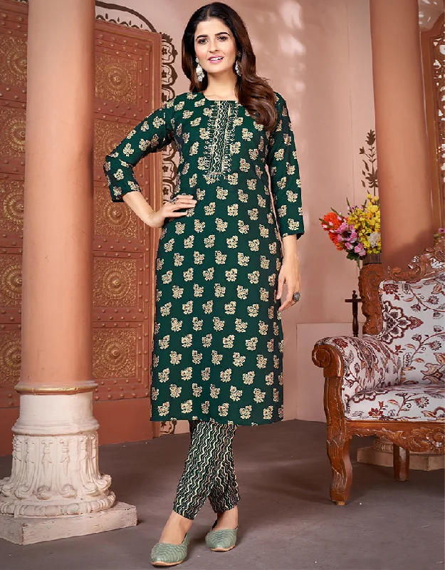 Sleek Green Rayon Beautiful Looking Readymade Top With Bottom Set Straight Design Pant Comfy Cargo Trousers