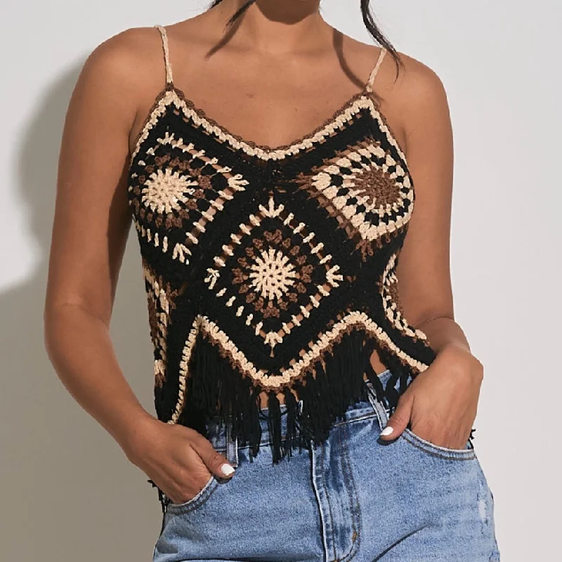 Elan Western Knit Tank Black/Brown relaxed fit tank