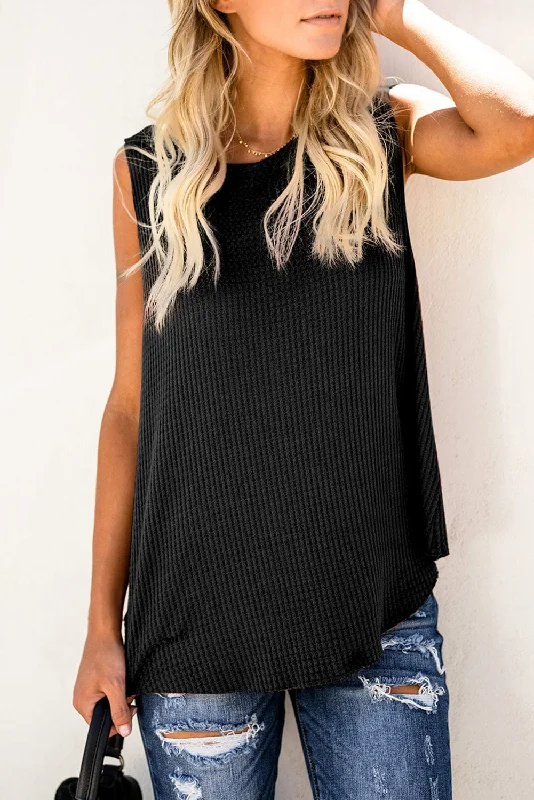 Chic Black Waffle Knit Sleeveless Tank Top crew neck tank