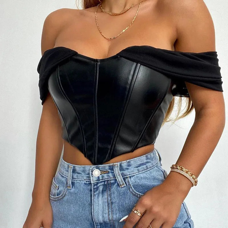 CHRONSTYLE Women Tube Top Cropped Vest 2024 Sexy Sleeveless PU Leather Back Zipper Exposed Navel Mesh Yarn Sleeve Suspender Tank Crop Top chic tank top