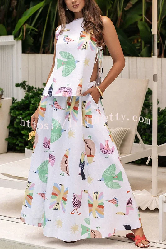 Island Paradise Linen Blend Unique Print Tie-up Slit Tank and Elastic Waist Pocketed Maxi Skirt Set crew neck tank