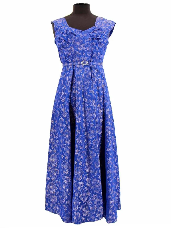 1950s Vintage Blue Damask Belted Evening Gown Boatneck Modish Everyday