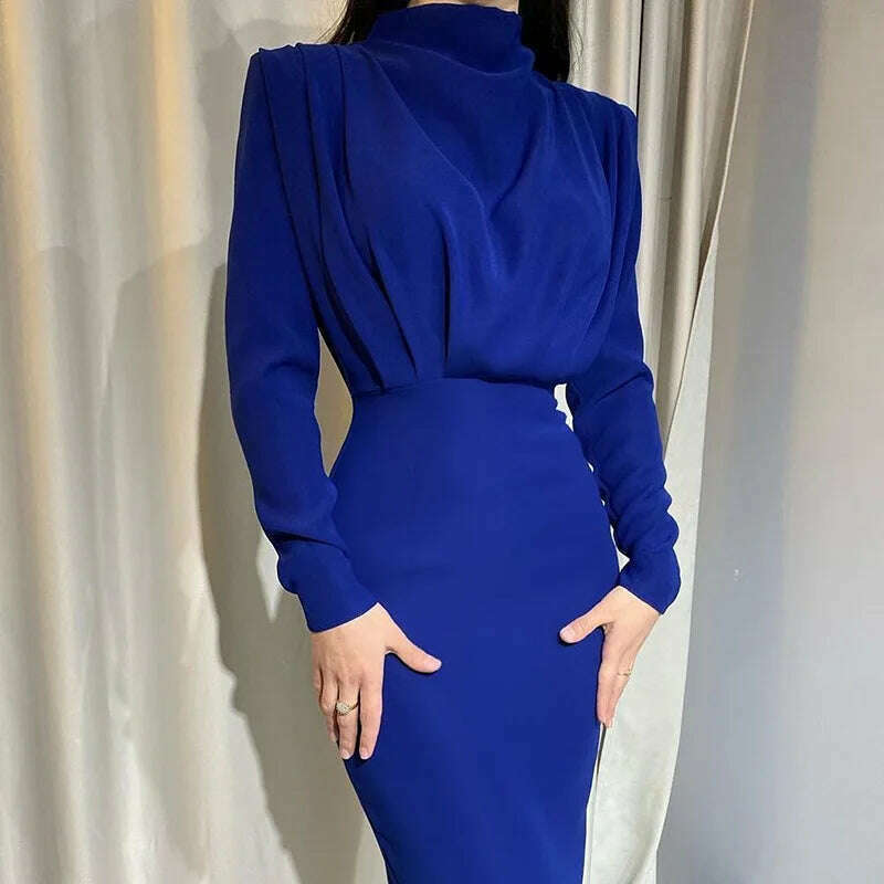 2024 Autumn Solid Bodycon Midi Dress Turtleneck Long Sleeve Slim Office Lady Sexy Office Lady Blue Party Dresses For Women Work Tunics Fleece cozy