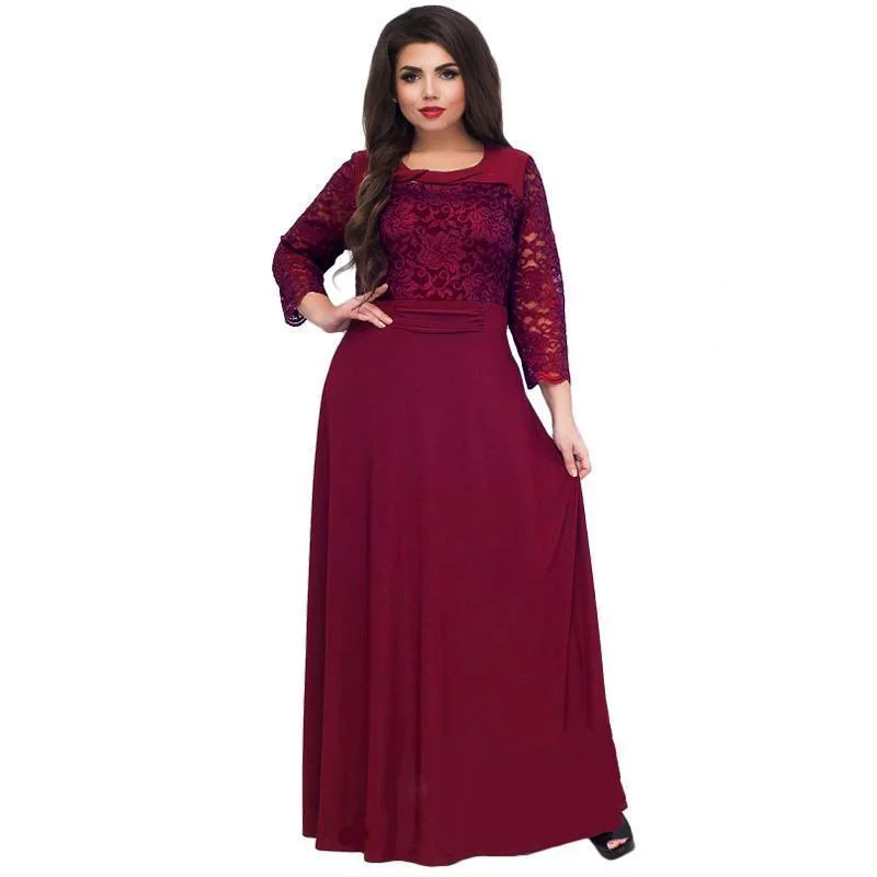 Plus Size - Women Long Dress Maxi Autumn Winter Big Sizes Lace Patchwork Dress Sexy Party Dresses Black Clothing (US 10-22W) Tunics Fleece cozy