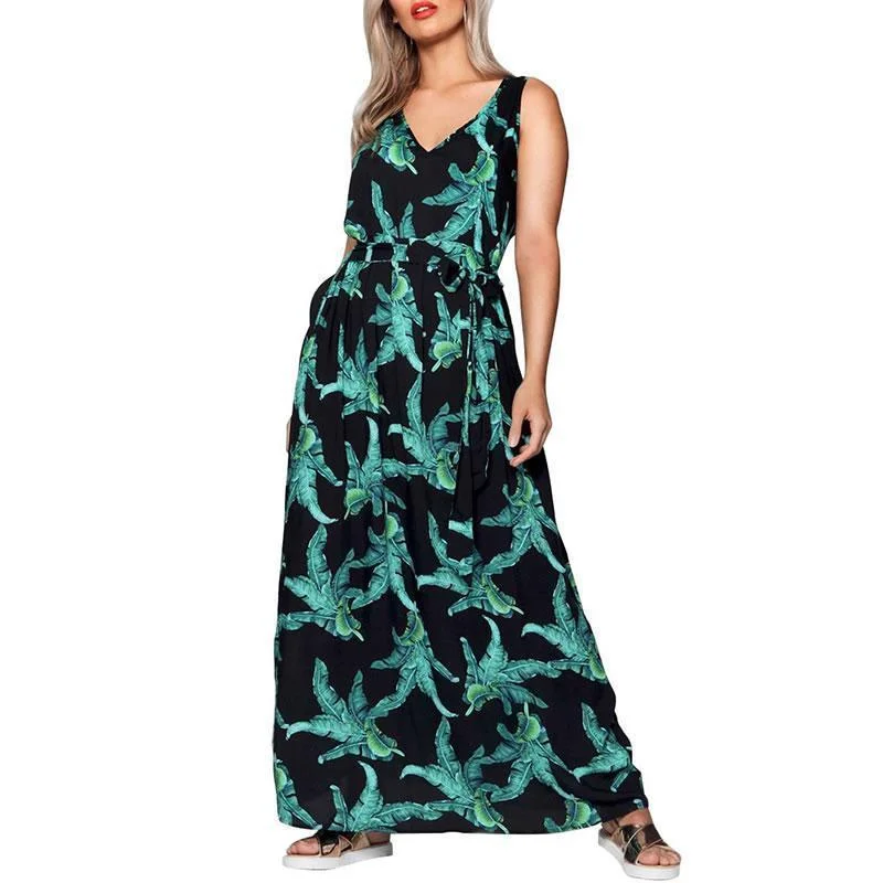 Plus Size 5XL Big size Floral Print  green flower maxi women dress fashion V-neck long dress  Sleeveless casual party dress (US 16W-24W) Tunics Travel practical