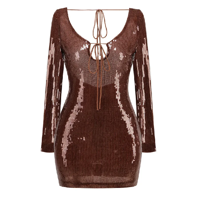 90s Tie Neck Long Sleeve Sequin Embellished Backless Mini Party Dress Tunics Running lightweight