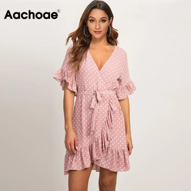 Aachoae Summer Dress 2020 Boho Style Beach Dress Fashion Short Sleeve V-neck Polka Dot A-line Party Dress Sundress Vestidos Tunics Chic fashionable