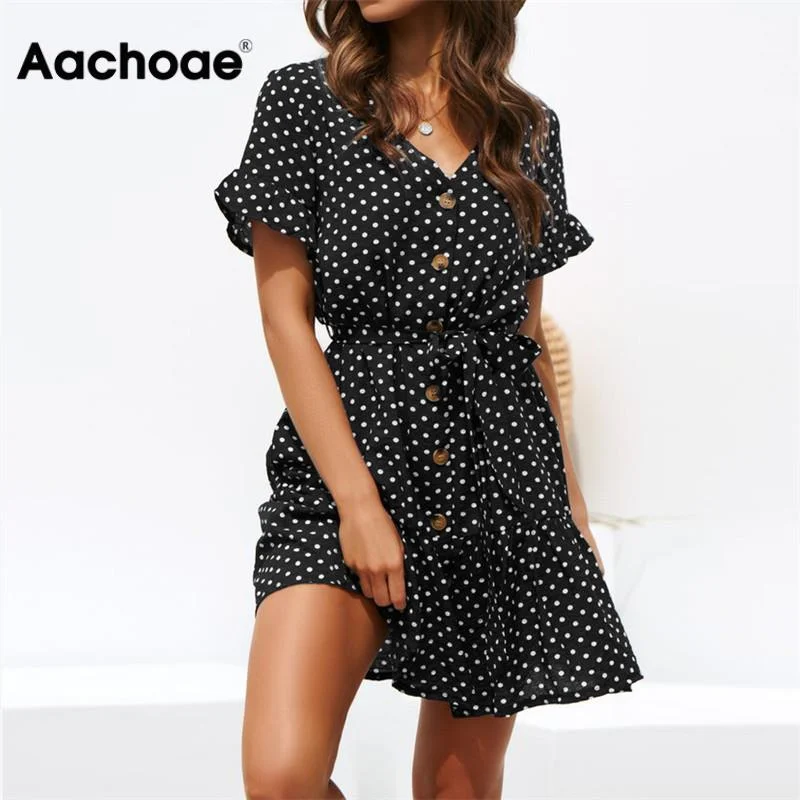 Aachoae Women Summer Beach Dress Casual Short Sleeve Polka Dot Dress Boho Mini Party Dress Elegant V Neck Sundress Vestidos Tunics Cozy comfortable