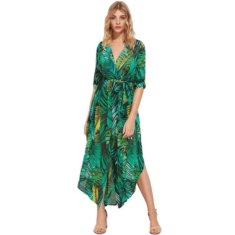 Plus Size  Green Chiffon Long Summer Dresses Sexy V-Neck Beach Maxi Dress Elegant Slim Floral Print Party Dresses vestidos (US 18W-26W) Tunics Short Trendy