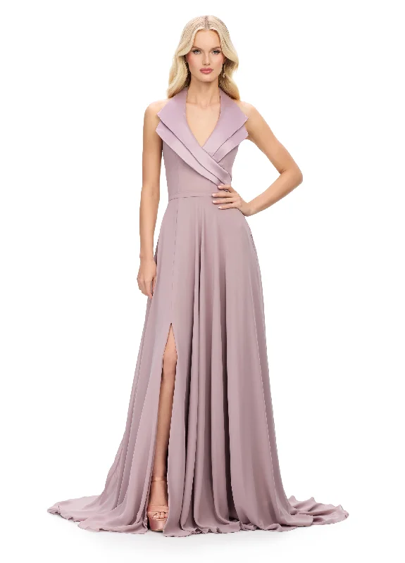 Ashley Lauren 11753 Halter A Line Evening Gown with Slit Tuxedo Lapel V Neckline Tunics Luxurious premium