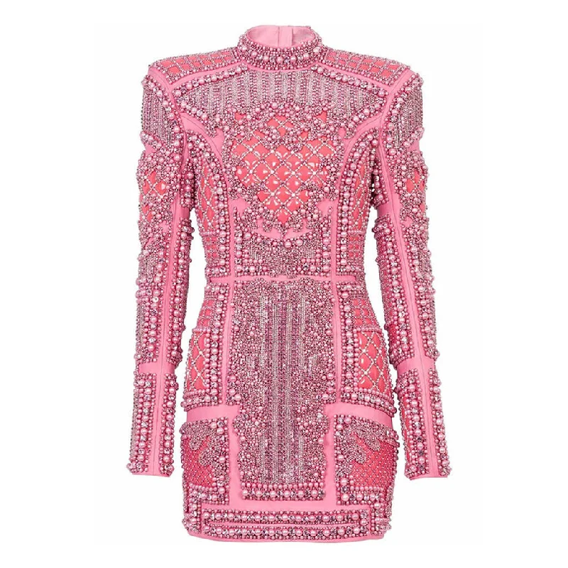 Baroque Beaded Sequin Embellished High Neck Long Sleeve Mini Party Dress Tunics Canvas sturdy