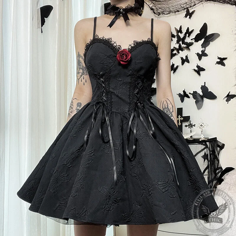 Black Goth Rose Polyester Party Dress Tunics Summer linen