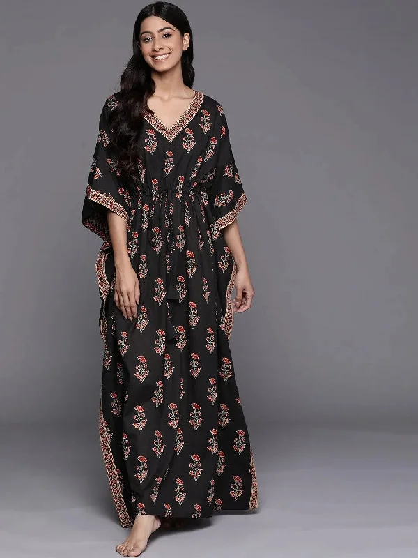 Black Printed Cotton Night Dress High-Low Hemline Casual