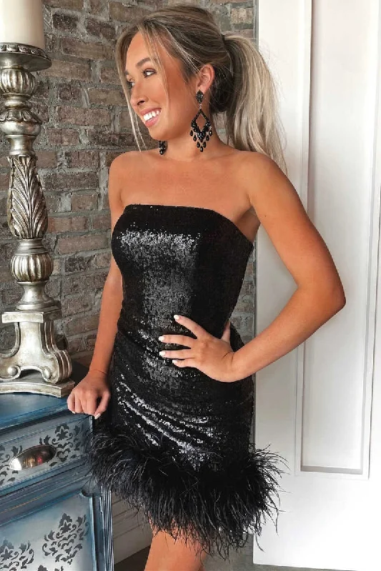 Black Sequin Strapless Feathered Short Party Dress Tunics Running lightweight