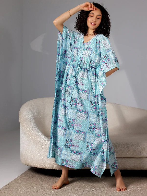 Blue Printed Cotton Kaftan Night Dress Tunics Distressed trendy