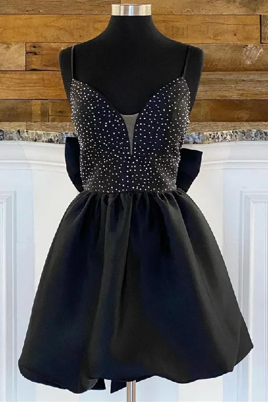 Bow Back Black Beaded Straps A-Line Party Dress Satin Halter Glamorous