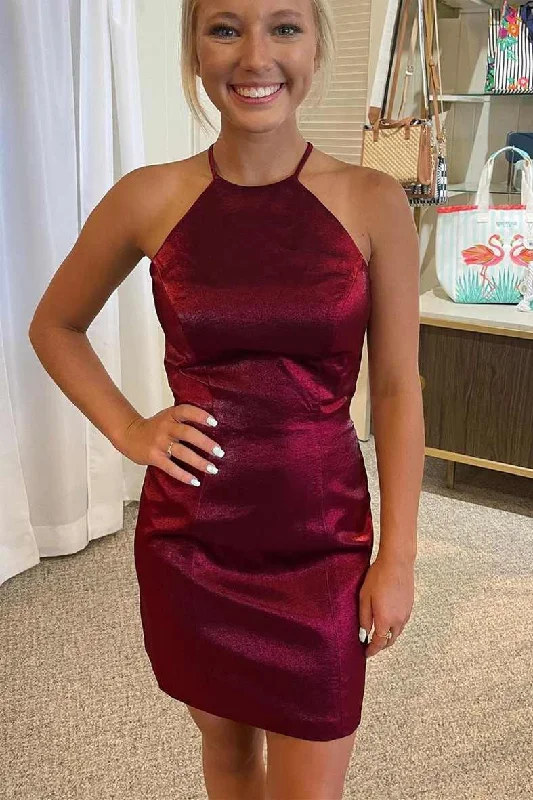 Burgundy Halter Cutout Back Tight Party Dress Tunics Prom sequined