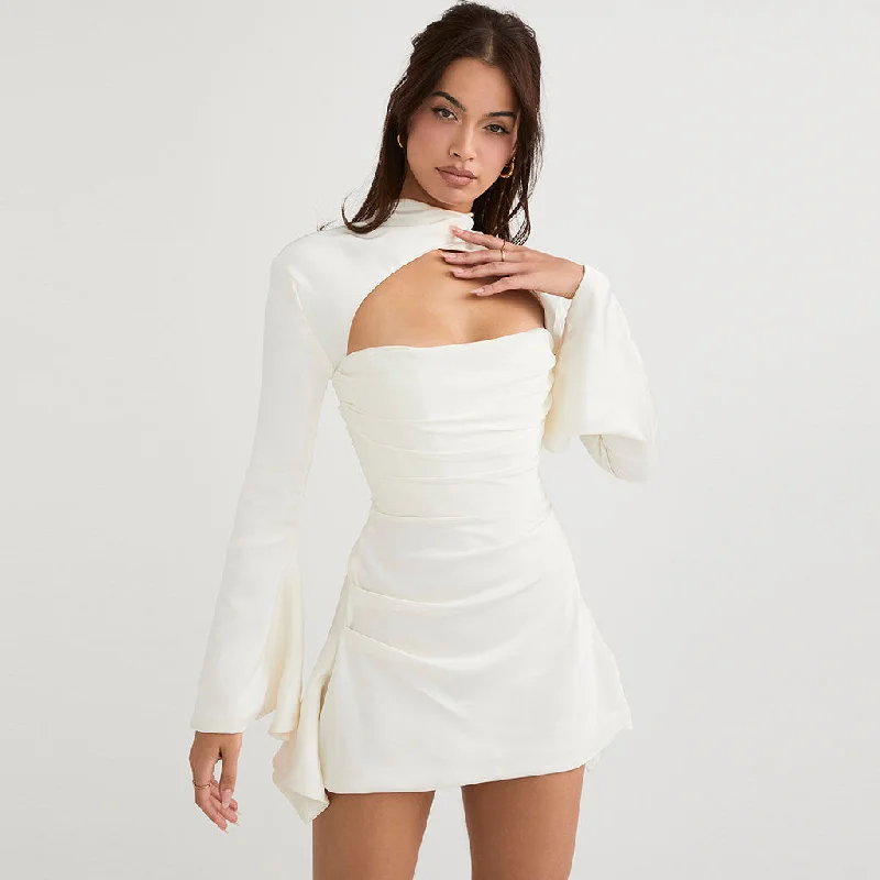 Classy High Neck Cutout Draped Satin Mini Party Dress - White Tunics Satin smooth