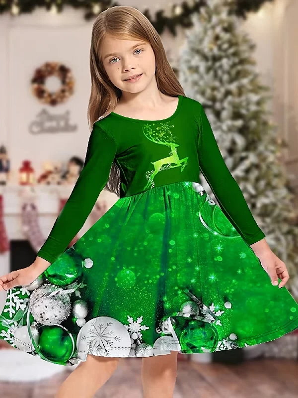 Comfy Elk Graphic Long Sleeve Party Dress for Girls - Soft, Cozy, and Vibrant Xmas Design - Perfect for Kids' Holiday Outfits and Special Occasions Tunics Business professional