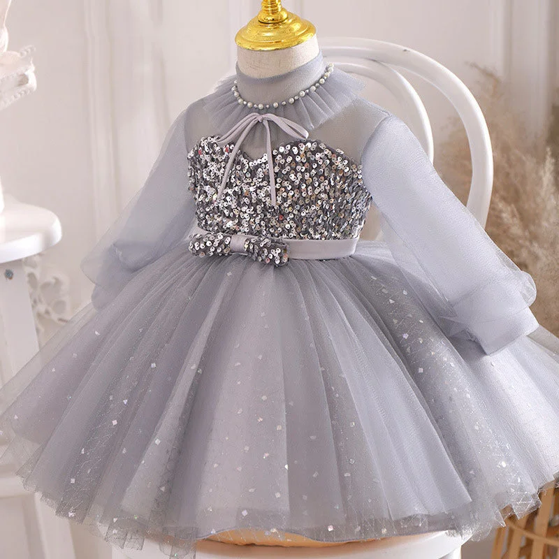 Girls Birthday Party Dress Long Sleeve Sequin Flower Girl Puffy Pageant Princess Dress Tunics Evening elegant