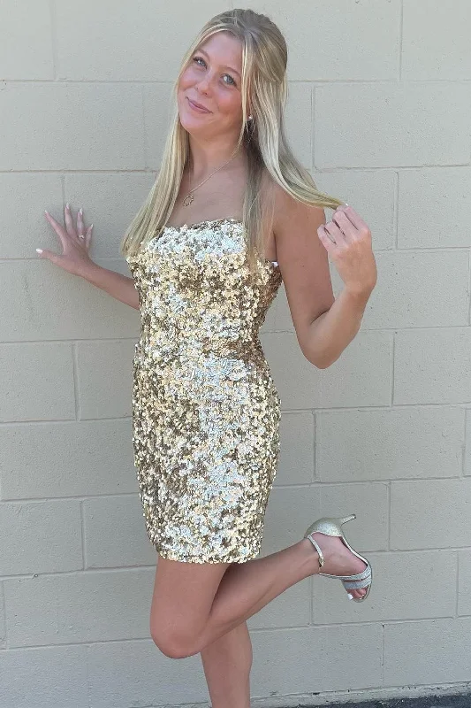 Gold Sequin Strapless Bodycon Short Party Dress Tunics Trendy modern