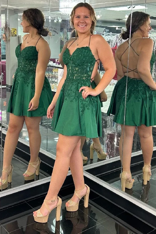 Green Appliques Sweetheart Lace-Up A-Line Short Party Dress Tunics Bridal satin