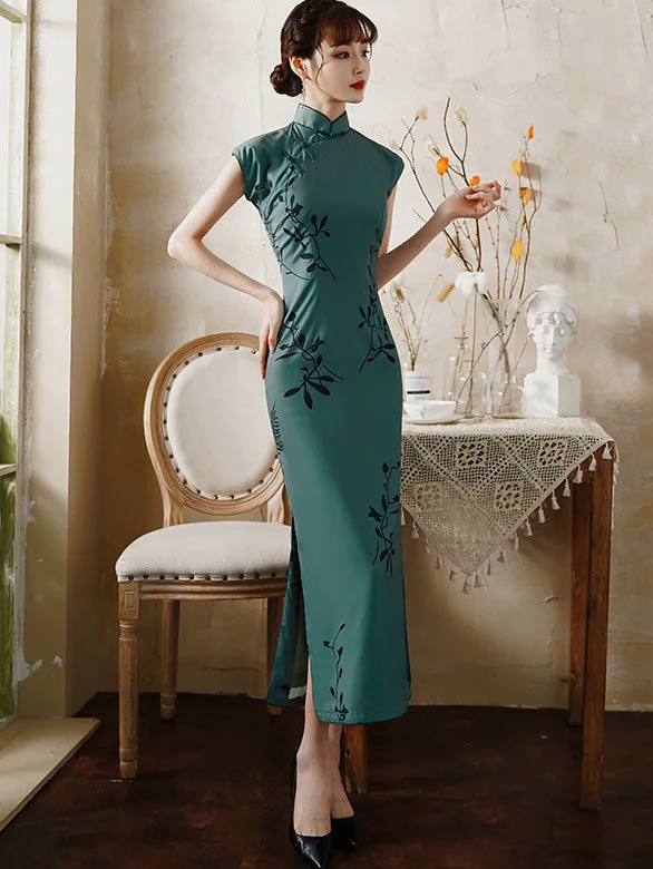 Green Floral Long Modern Cheongsam / Qipao Party Dress Tunics Print Colorful