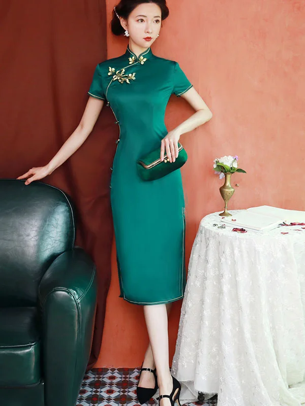 Green Silk Tea-Length Qipao / Cheongsam Party Dress Pleated Skirt Elegant