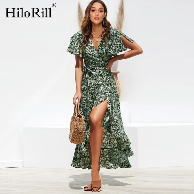 HiloRill Summer Beach Maxi Dress Women Floral Print Boho Long Dress Ruffles Wrap Casual V-Neck Split Sexy Party Dress Robe Femme sweetheart Neckline Romantic