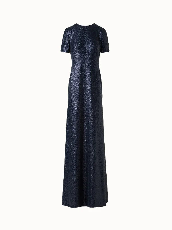 Long Sequined Evening Gown with Short Sleeves Tunics Sophisticated sleek