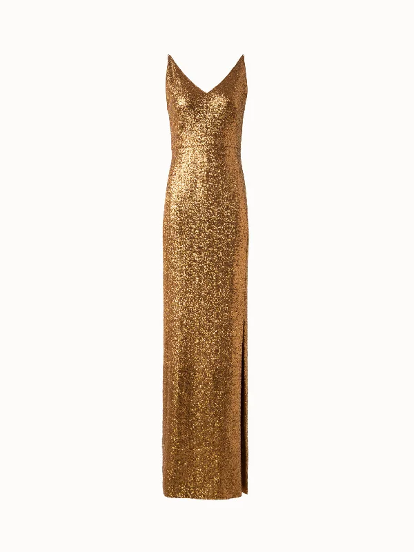 Long Sequined Evening Gown with V-Neck Crew Neckline Sporty