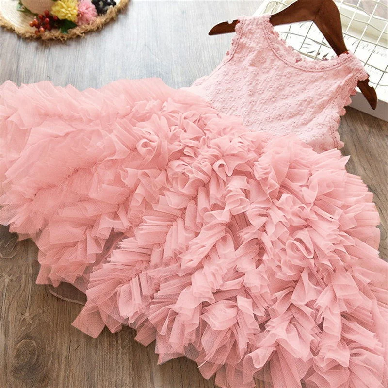 Girls Summer Birthday Party Dress Kids Lovely Lace Flower Girl Princess Dress Tunics Practical easy-care