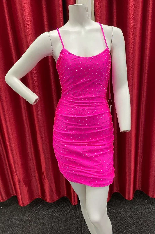 Neon Pink Beaded Lace-Up Short Party Dress Tunics Long Elegant