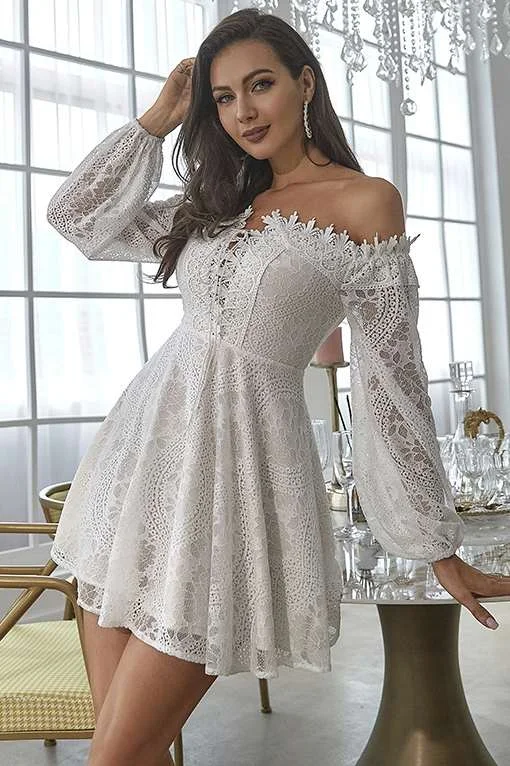 Off-White Lace Off-the-Shoulder Long Sleeve A-Line Party Dress Tunics Wedding white