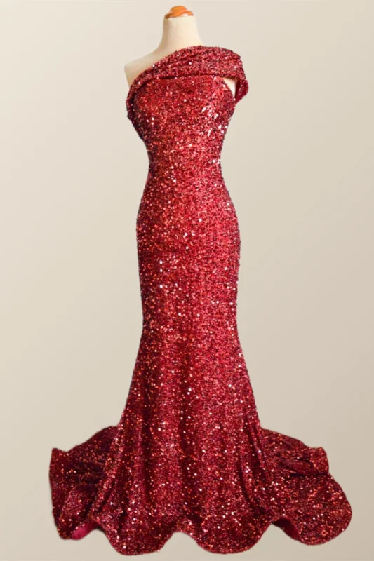 One Shoulder Wine Red Sequin Mermaid Party Dress Lace Sexy Club