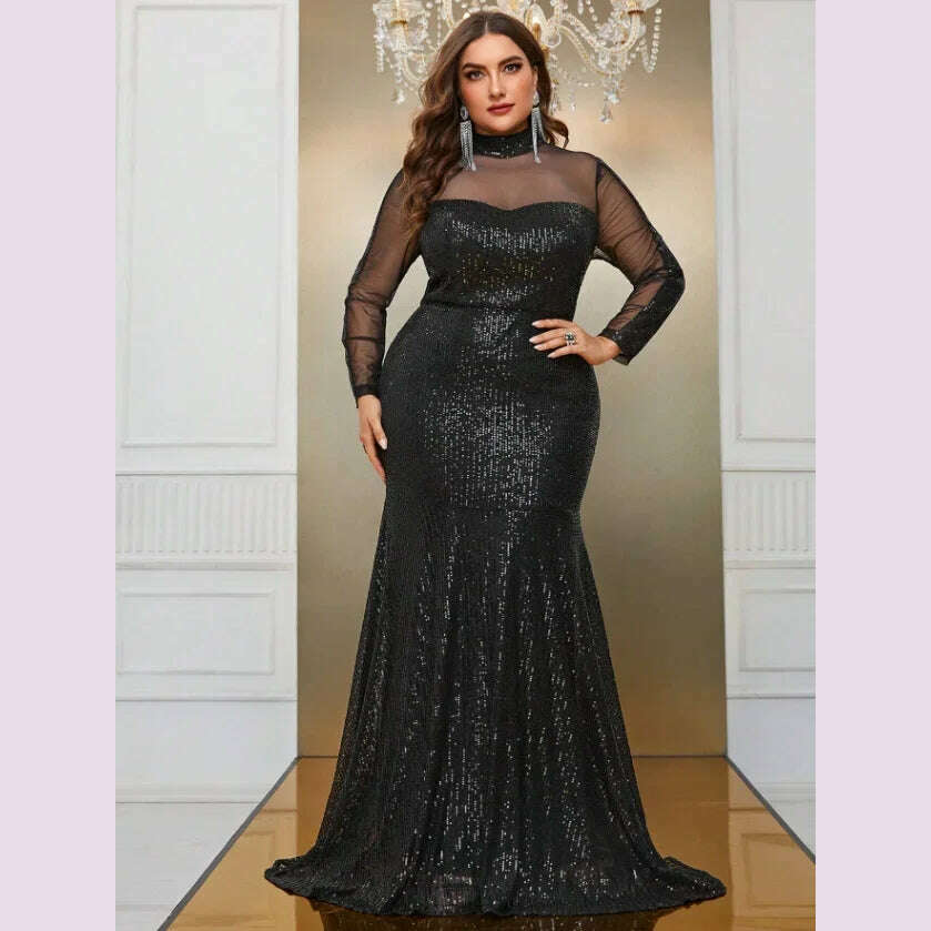 Party Dresses Plus Size Women Sequins Lace Splicing Black Elegant Evening Dresses Long Sleeve Large Fashion Lady Banquet Dress Tunics Long Elegant