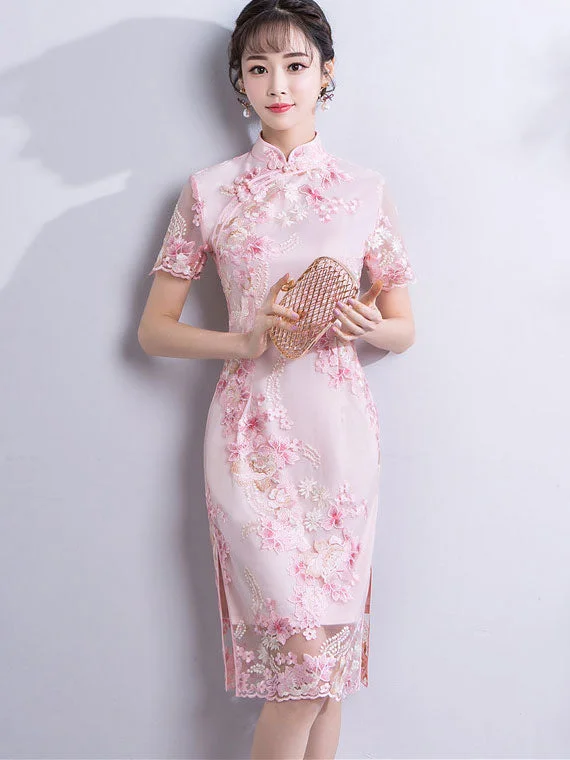 Pink Embroidered Short Modern Qipao Cheongsam Party Dress Tunics Top Casual