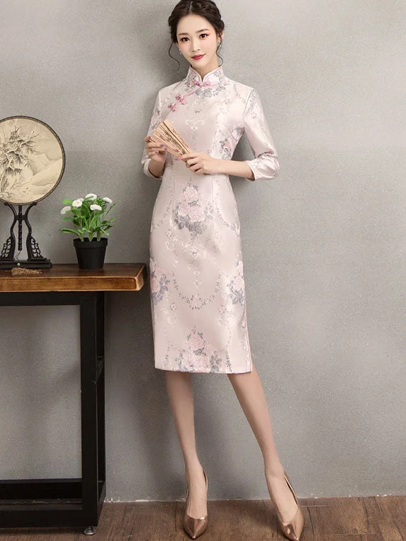 Pink Jacquard Midi Qipao / Cheongsam Party Dress for Winter Tunics Formal black