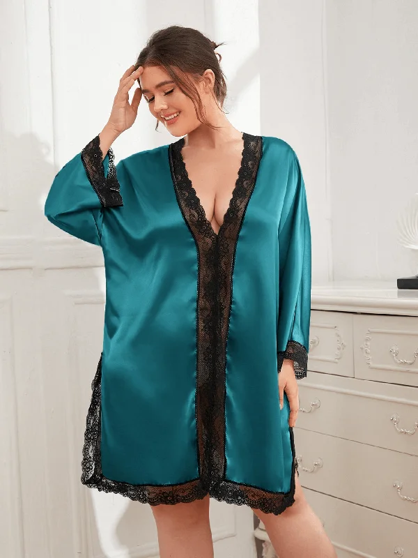 Plus Size Contrast Spliced Lace Deep V Slit Night Dress Tunics Leisure comfortable