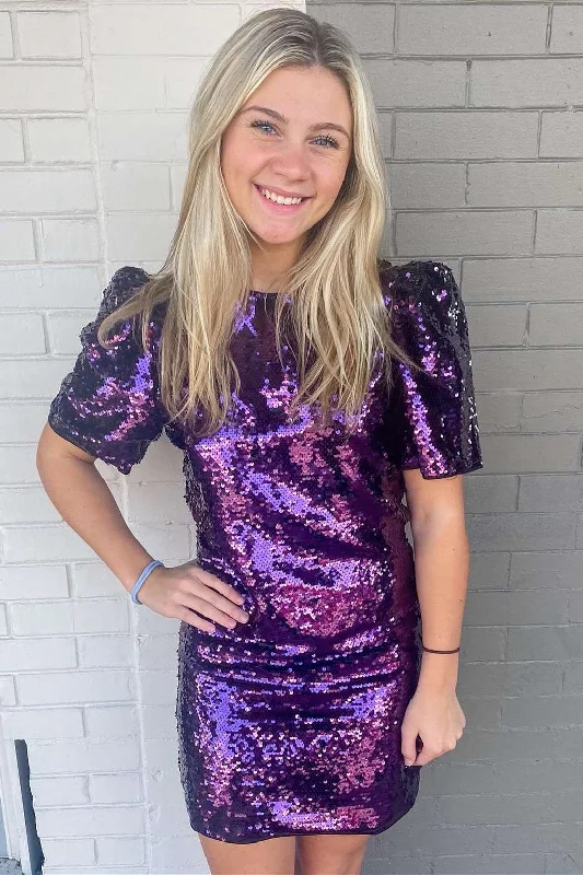 Purple Sequin Short Sleeve Party Dress High-Low Hemline Casual